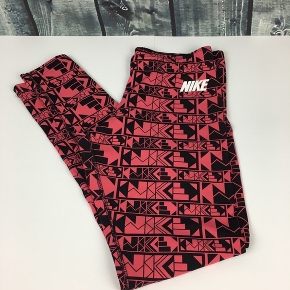 Nike Geometric Cotton Leggings Black and Pink M all-over logo Athleisure Cozy - Picture 1 of 6